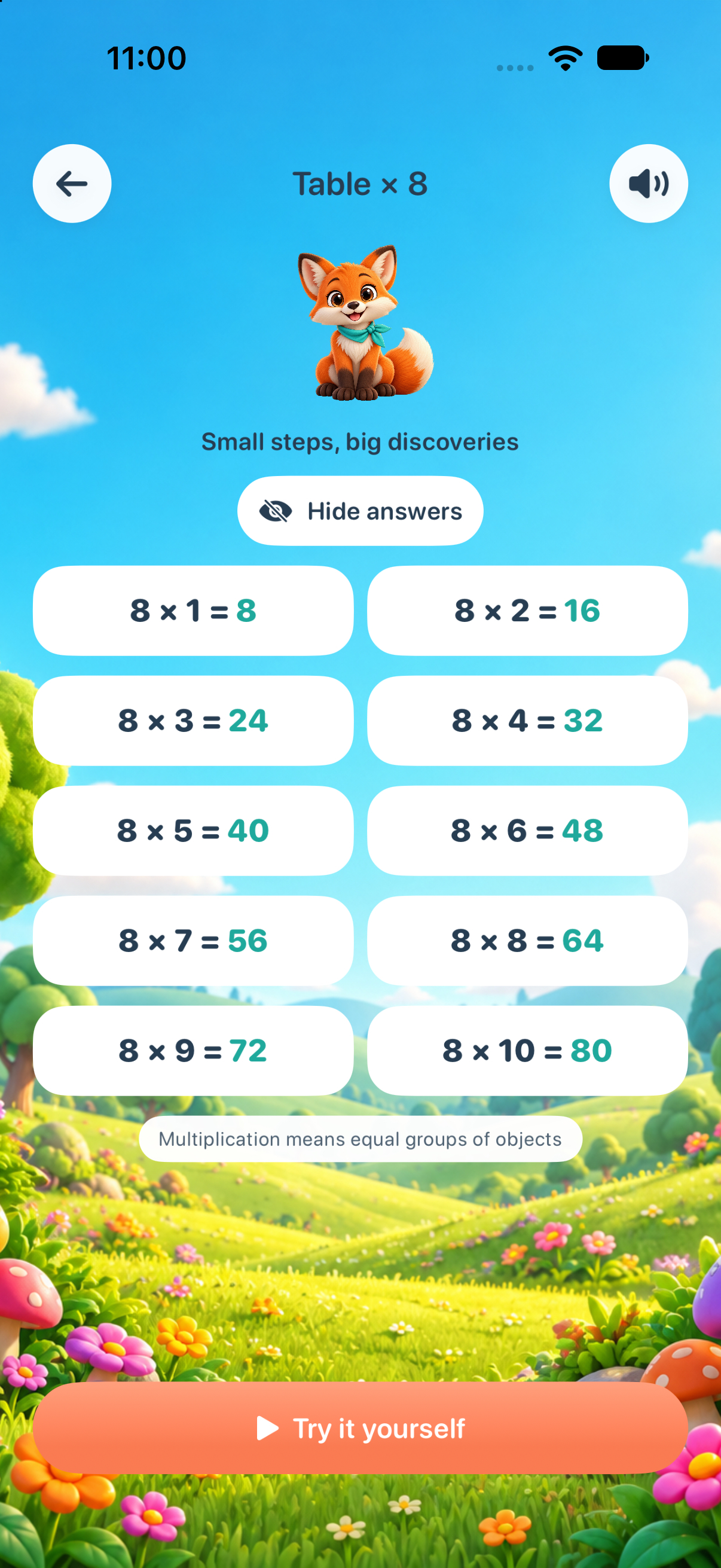 Foxik cards showing the eight times table