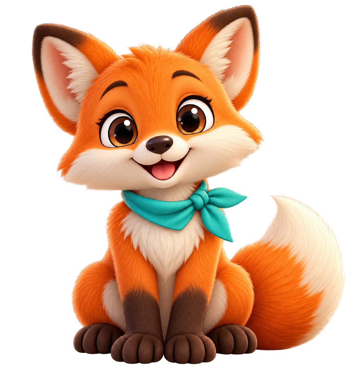Foxik, an orange fox with a turquoise scarf