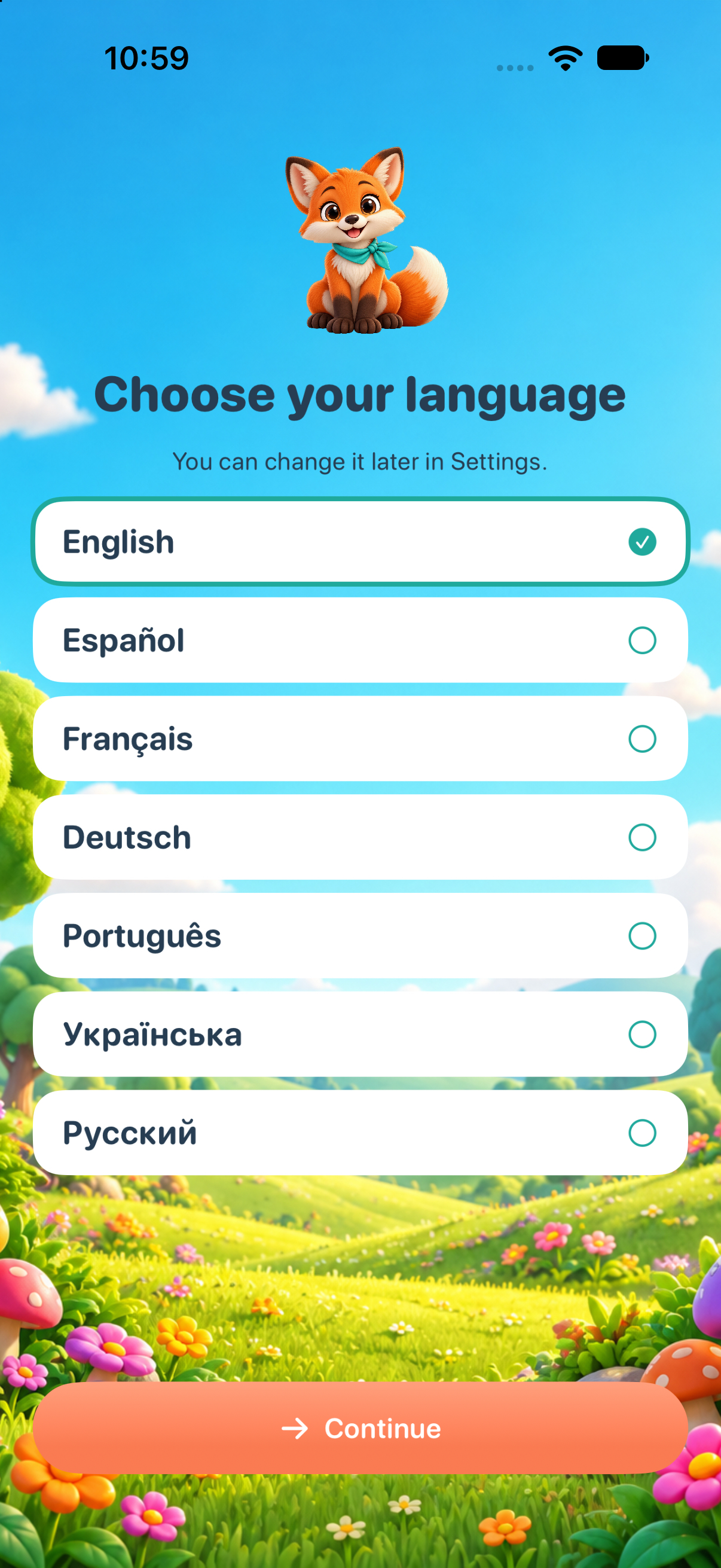 Foxik language selection showing seven languages